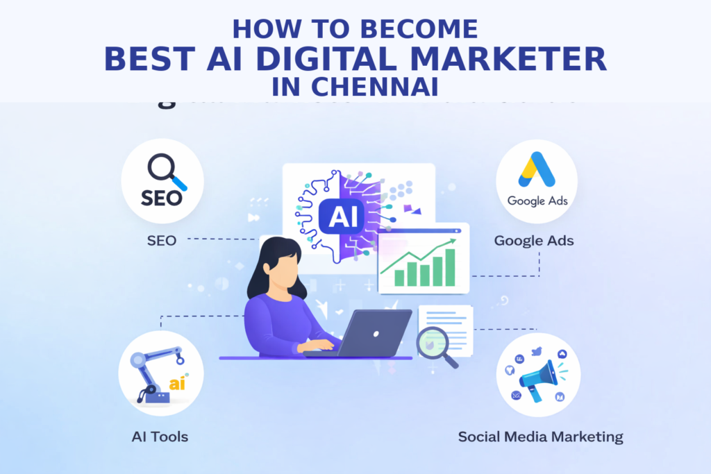 Best AI digital marketer in Chennai guide with SEO, AI tools, Google Ads and social media marketing illustration
