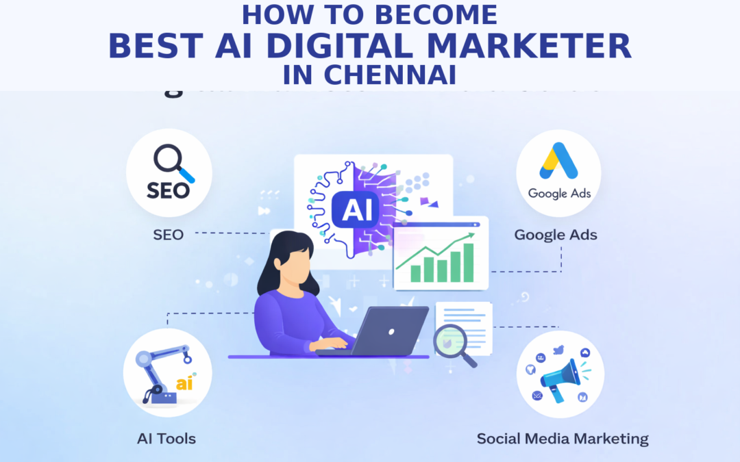 Best AI digital marketer in Chennai guide with SEO, AI tools, Google Ads and social media marketing illustration